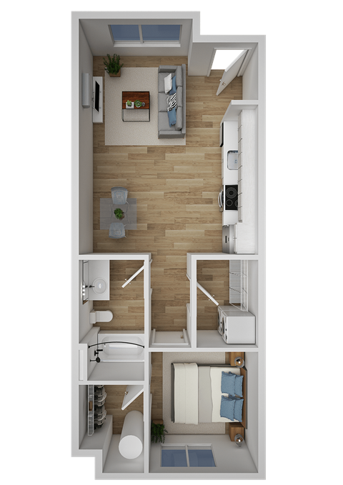 Floor plan for 1 bed, 1 bath, 582 sqft